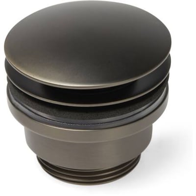 Pop Up bundventil i Gun Metal finish med 1 1/4" gevind, vist på hvid baggrund, fremhæver den elegante overflade og mekanisme.