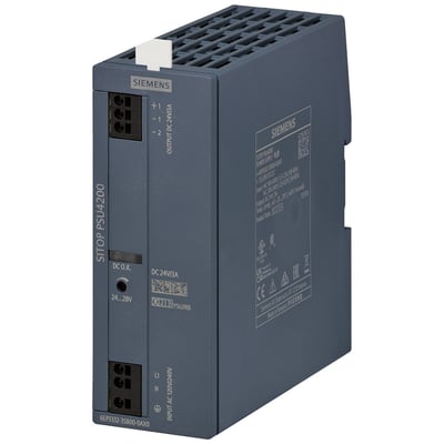 Siemens Sitop PSU4200 strømforsyning med enfaset indgang 120/240V AC og udgang 24V DC/3A, vist i grå plastkabinet.