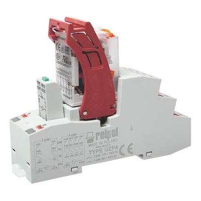 Komplet relæ med 4C/O kontakter, 6A og 230VAC, monteret på push-in sokkel med LED indikator, fremstillet af hvid og rød plast.