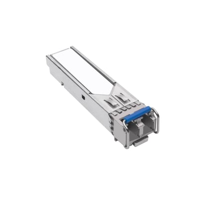 Schneider Electric M580 Hotstandby singlemode fiber konnektor med blå udløserarm på hvid baggrund.
