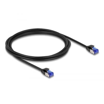 DeLock RJ45 netværkskabel Cat.6A S/FTP Slim på 2 meter i sort, med blå og metalliske RJ45 stik.