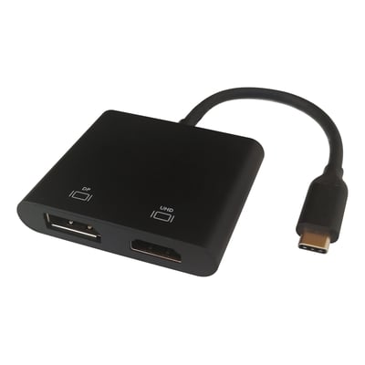 Deltaco USB-C MST HUB i sort med DisplayPort og HDMI-udgange samt USB-C hanstik på 0,1 meter kabel.