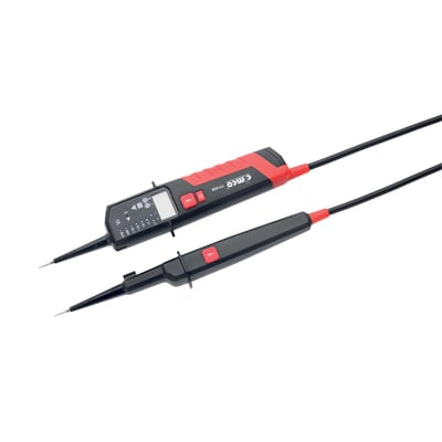 Sort og rød spændingstester med digitalt display og to testsonder, perfekt til FI/RCD udløsning og fasesekvenstest.