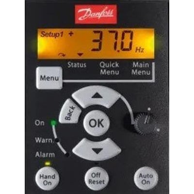 Nærbillede af Danfoss LCP12 betjeningspanel med displayet vist 'Setup 1' og '37.0 Hz', med trykknapper og drejeknap.