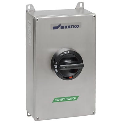 Fron view af Katko 4-polet reparationsafbryder, 63A, med rustfri kapsling og sort betjeningshåndtag.