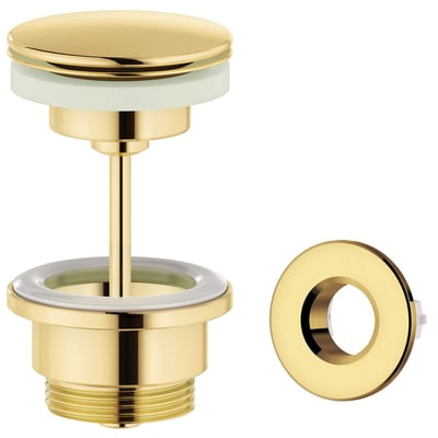 Damixa push-up bundventil i poleret messing (PVD) med en diameter på 63 mm og medfølgende push-up top og bunddel på hvid baggrund.