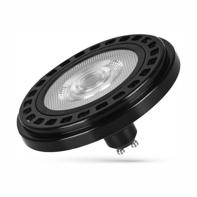 SpectrumLED GU10 LED-spot AR111 på 20 W med sort hus, set skråt forfra med klar rund reflektor og synlige fatningsstifter.
