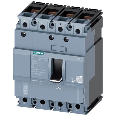 Siemens 3VA1 maksimalafbryder, 4-polet, 100A, med grå kabinet og sort håndtag, på hvid baggrund. Enheden har tydelig mærkning og tekniske specifikationer.