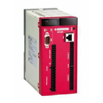 Schneider Electric Safety controller M 16I/8O CANopen, model XPS-MC, med 4NO og 6SS udgange, viser frontpanelet med stik.