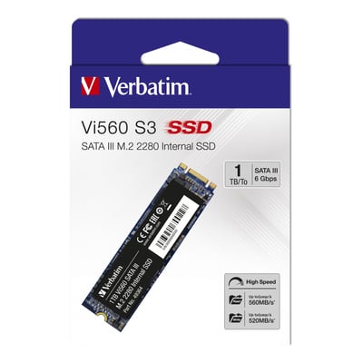 Verbatim Vi560 S3 M.2 SSD med 1TB lagerkapacitet, SATA III 6Gbps og M.2 2280 formfaktor i blå farve.