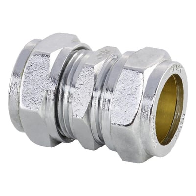 CONEX kompressionskobling forkromet af messing til 15x12 mm rør, drikkevandsgodkendt.
