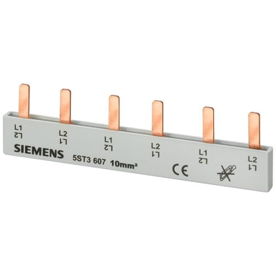 Siemens PIN samleskinne 5ST3 607 til 10mm² tværsnit med berøringssikre stik på hvid baggrund.