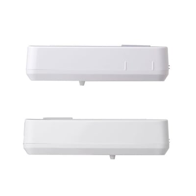 To sidevisninger af TrueGuard garage tilt sensoren, der fremhæver dens tynde profil og monteringsdetaljer.