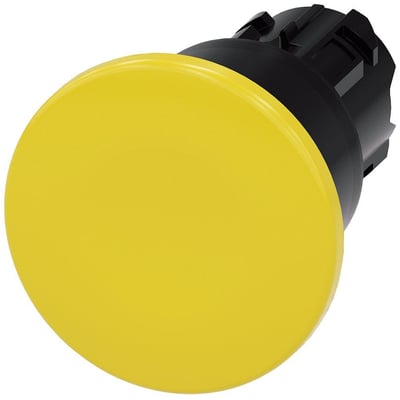 Siemens rund paddehattrykknap i gul plastik med 40mm diameter og sort bagmontering.