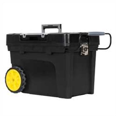 Stanley værktøjskiste på hjul med et udtrækkeligt håndtag og et robust, sort design, der er ideel til opbevaring.