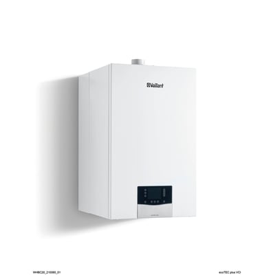Vaillant ecoTEC plus VCI 26CS/1-5 (N-DK) gasfyr, hvidt kondenserende gasfyr monteret på en hvid væg.