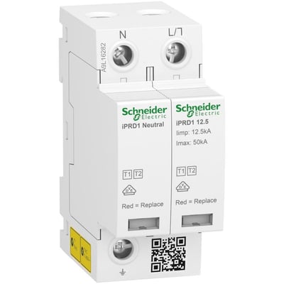 Schneider Electric overspændingsafleder iPRD 12.5r 1PN i hvidt og gråt design med tydelig mærkning af neutral og fase samt tekniske specifikationer.