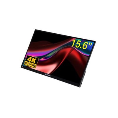 Verbatim bærbar touchskærm på 15,6" med 4K Ultra HD opløsning og sort metalkabinet på hvid baggrund.