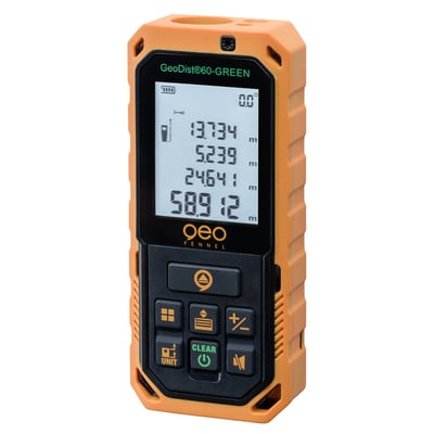 Nærbillede af geo-Fennel GeoDist 60 afstandsmåler i orange, viser kontrolknapper og den digitale skærm med målinger.