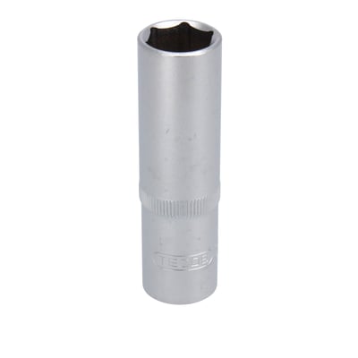 Tecos 1/2" sekskant top, lang, 16 mm. Værktøjet er fremstillet af skinnende krom vanadium stål og står isoleret på en hvid baggrund.