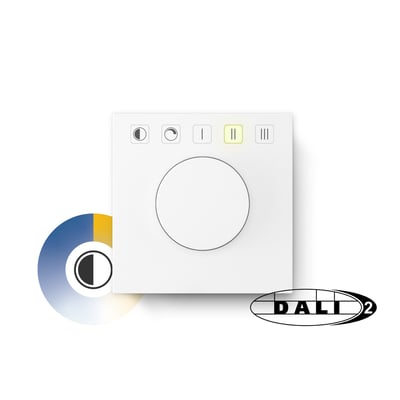 Jumitech DALI-2 potentiometer i hvid med drejeknap og fem knapper til lysstyring, tunable white og scener.