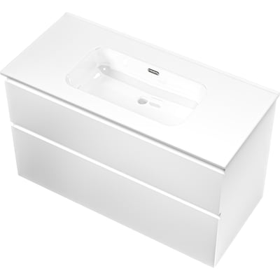 Sanibell Proline møbelsæt i mathvid, 101x46cm, med to integrerede skuffer med softclose funktion og en vask.