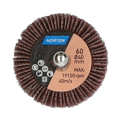 Norton Metal R207PLUS slibevift på skaft med brun lamelskive, P60-korn og diameter på 40 mm, set forfra.