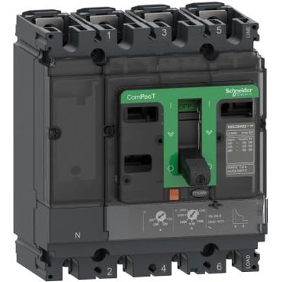 Schneider Electric ComPacT NSX100N 4-polet maksimalafbryder med 32A termisk-magnetisk udløserenhed og grønt håndtag. Den mørkegrå enhed har tydelige terminaler og mærkat med tekniske specifikationer.