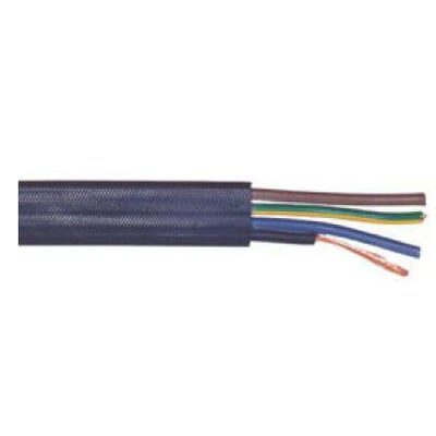 Blåt fladkabel 8G2,5mm2 H07VVH6-F med otte farvede ledere: brun, grøn/gul, blå, samt jordleder, alle med kobberkerne.