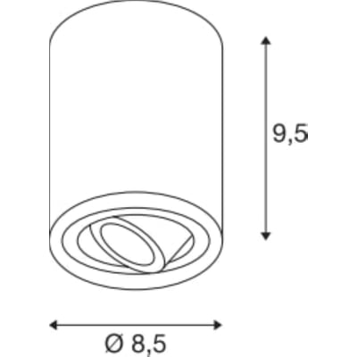 Teknisk tegning af SLV TRILEDO ROUND CL loftlampen, viser dimensioner: 8,5 cm diameter og 9,5 cm højde, med angivelse af justerbar funktion.
