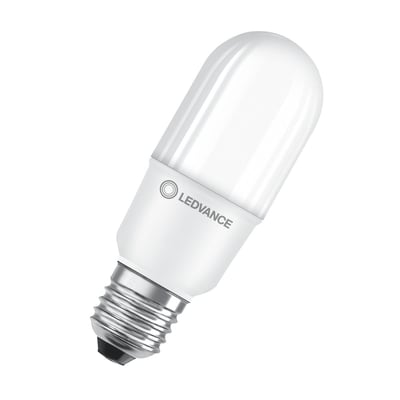 Ledvance LED stick pære i mat hvid plast med E27-fatning, 806 lumen og 2700 Kelvin.