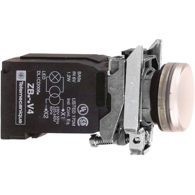 Schneider Electric Harmony Style 4 hvid lampe til 230V, vist med tæt på enhedernes label og monteringsmekanisme.