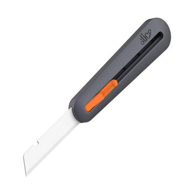 Slice® manuel industrikniv med gråt nylongreb og et langt, hvidt blad på en hvid baggrund.