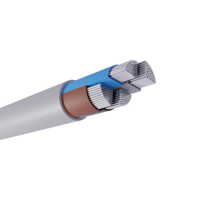 Aluminiumskablet HF-AL-S 4x240 mm² ses med gråt yderlag og fire synlige, flertrådede ledere i et tværsnit.