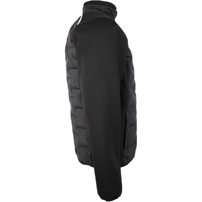 Sort Lyngsøe Rainwear-hybridjakke i XL set fra siden, hvor det teksturerede ærme og det quiltede kropspanel ses.
