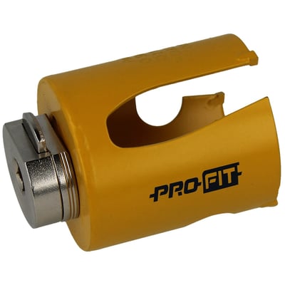PRO-FIT HM hulsav med adaptor i 58 mm diameter, fremstillet af gult metal med PRO-FIT logo.