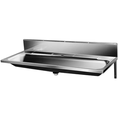 Intra Juvel P120V vaskerende i rustfrit stål med bagplade og vægmontering, vist fra venstre side.