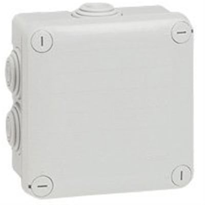 Legrand Plexo BP forgreningsdåse i grå plast, 80 x 80 mm, vist med fire kabelindføringer og en lukket top.