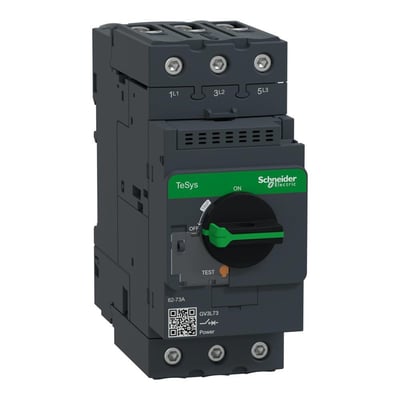 Schneider Electric TeSys GV kortslutningsudløser i grå og grøn, 73A, med ON/OFF-håndtag og QR-kode, viser 3-fasede tilslutningsmuligheder.