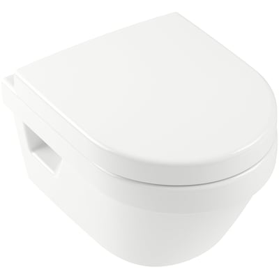 Hvidt, kompakt væghængt toilet fra Villeroy & Boch, model 4687, med toiletsæde og afrundet front.