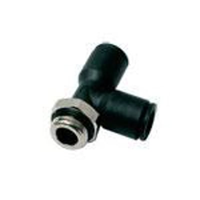 Parker Legris L-stykke til 6mm slange og 1/4" gevind, fremstillet af sort teknisk polymer med metal gevind.