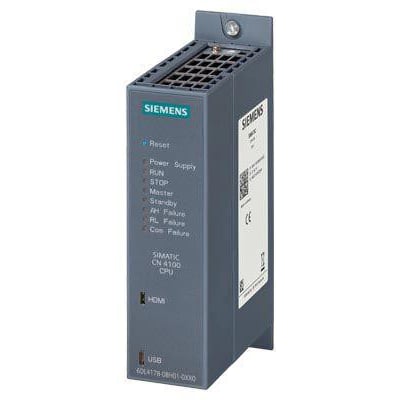 Siemens SIMATIC CN 4100 CPU modul til Process Automation, vist på en hvid baggrund med tydelige statusindikatorer og porte.