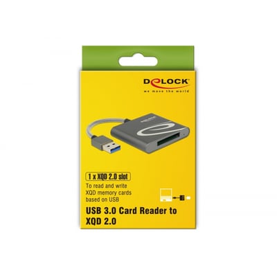Delock USB 3.0 kortlæser til XQD 2.0 hukommelseskort præsenteret i gul emballage med produktillustration.