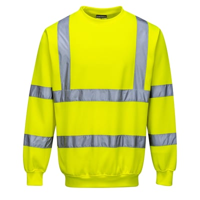 Gul sweatshirt i størrelse L med reflekterende sølvstriber over brystet, taljen og ærmerne.