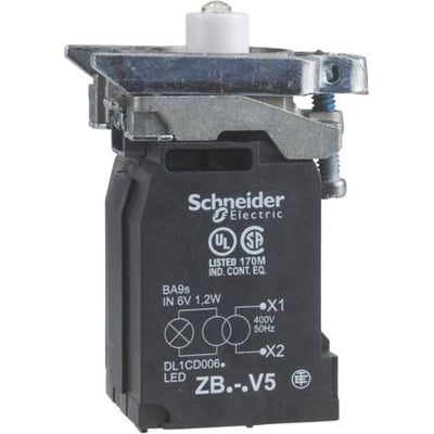 Schneider Electric ZB4BV5D1 LED lampekrop fra Harmony style 4, viser elektriske specifikationer og produktmærker.