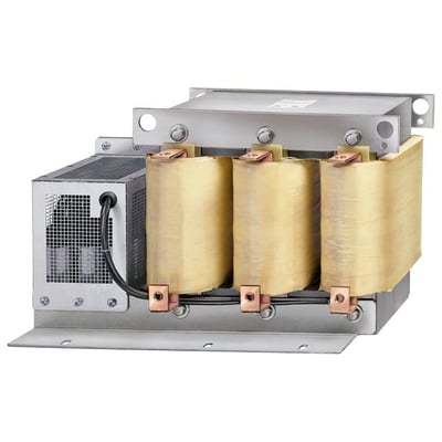 Siemens Sinamics/MM4 PX LC-filter med tre store spoler og metalchassis på hvid baggrund.