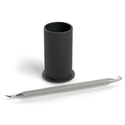 Kemper installationsværktøj til FK-4 slidsringe i DN15/20/25, vist med en sort cylindrisk monteringsdel og et metalværktøj med kroge.