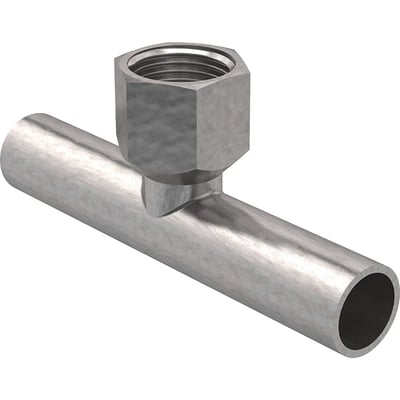 3D-rendering af Geberit Mapress tee fitting i metal, med 18mm rør og 1/2" indvendigt gevindstud.