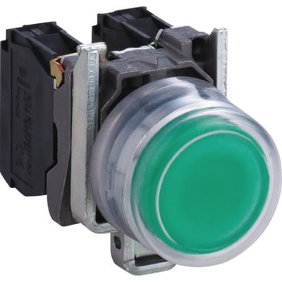 Schneider Electric Harmony XB4 komplet trykknap med grøn/høj kappe og 1NO kontakt, 22mm. Robust og kompakt enhed.