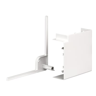 Schneider Electric OptiLine 45 fladvinkel, 140x55 mm, 90 graders bøjning, vist i polarhvid plast med klik-in funktion.
